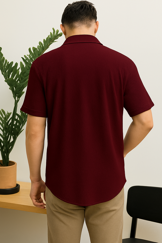 Burgundy Textured Button-Up Shirt – Casual Short Sleeve Waffle Knit for Summer & Everyday Wear