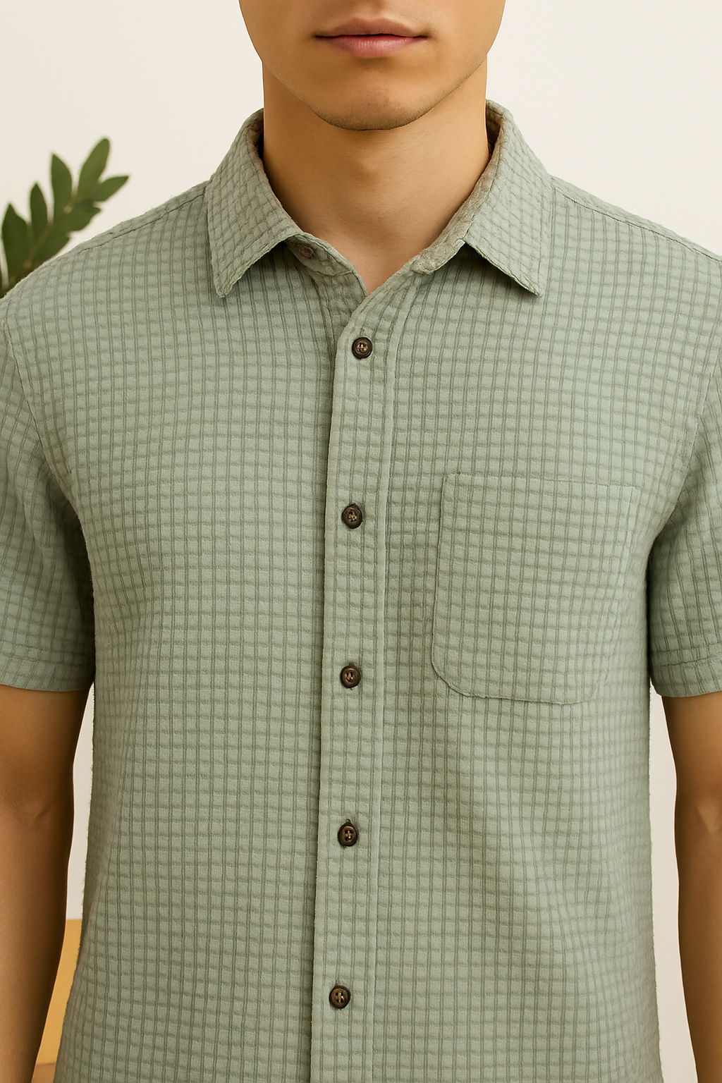 Sage Green Waffle Knit Button-Up Shirt β Casual Short Sleeve Textured Summer Shirt