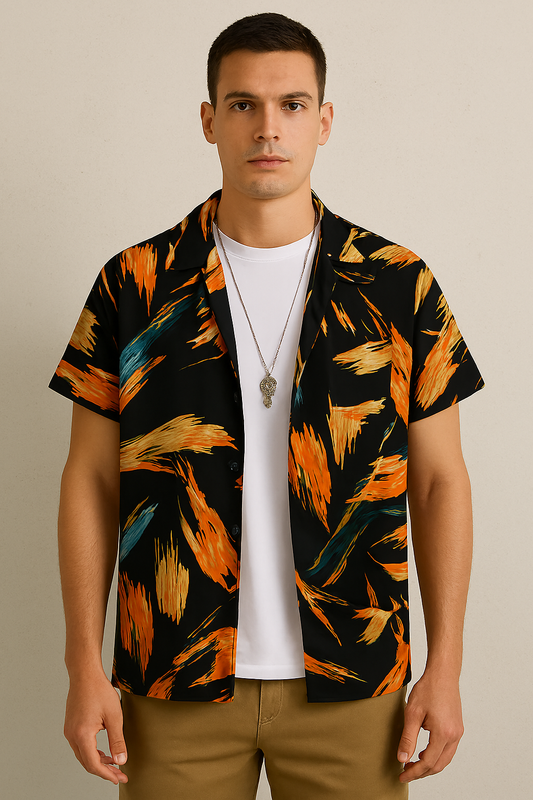 Abstract Brushstroke Shirt – Bold Black with Orange & Teal Accents