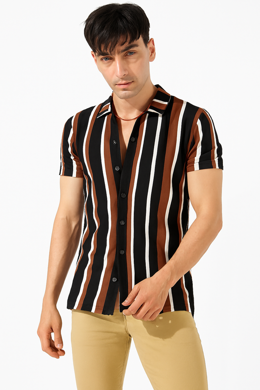 Bold Stripe Cuban Collar Shirt – Black, Brown & White | Casual Luxe Fit