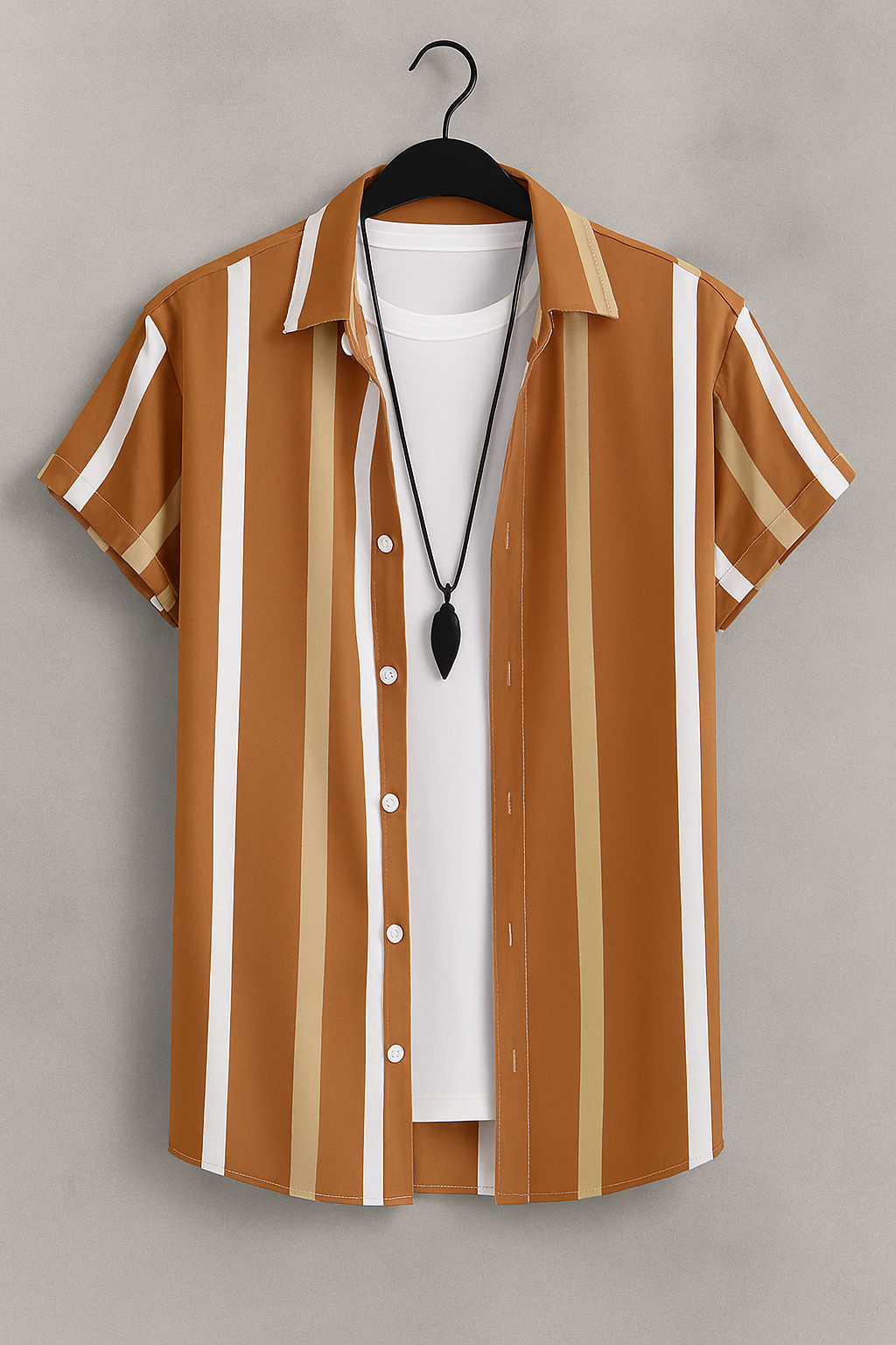Earth-Tone Striped Layered Shirt – Casual Short Sleeve Button-Up