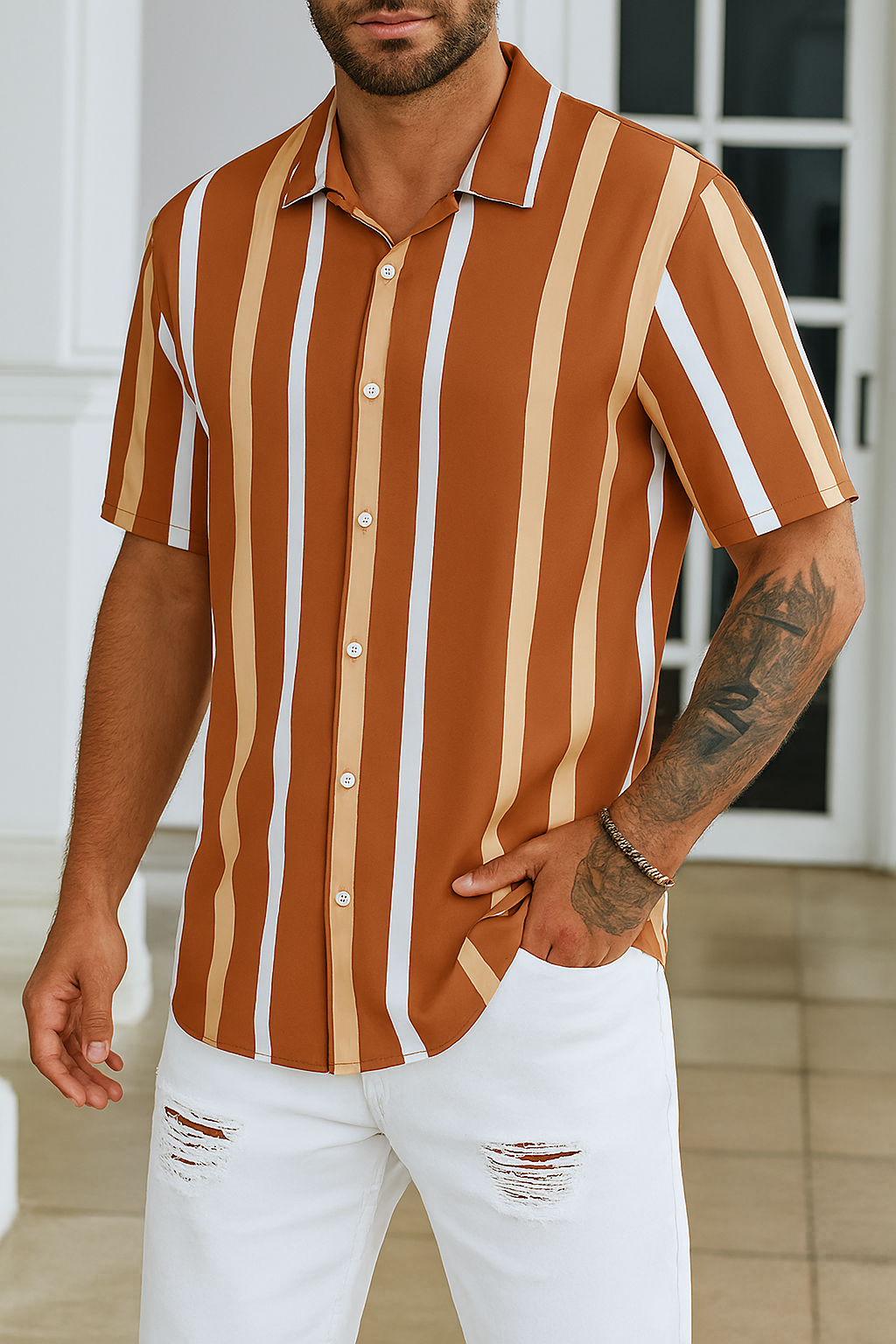 Earth-Tone Striped Layered Shirt – Casual Short Sleeve Button-Up