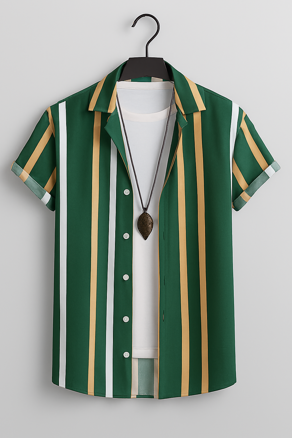 Forest Green Vertical Stripe Shirt – Short Sleeve Casual Button-Up