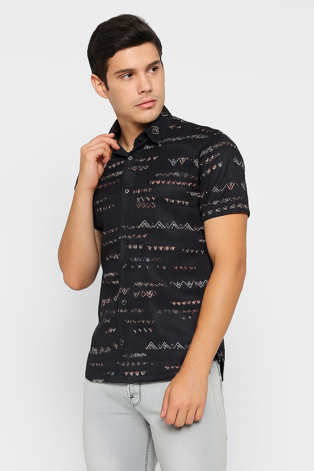 Tribal Print Button-Up Shirt – Black & Rust Geometric Design | Streetwear Casual