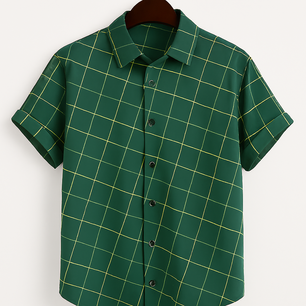 Forest Green Plaid Button-Down Shirt – Casual Long Sleeve with Back Button Detail