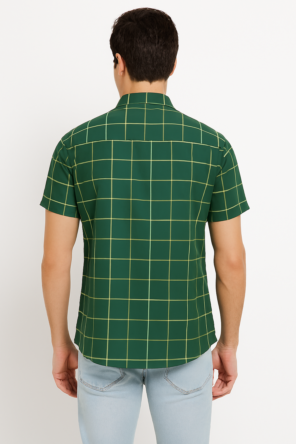 Forest Green Plaid Button-Down Shirt – Casual Long Sleeve with Back Button Detail