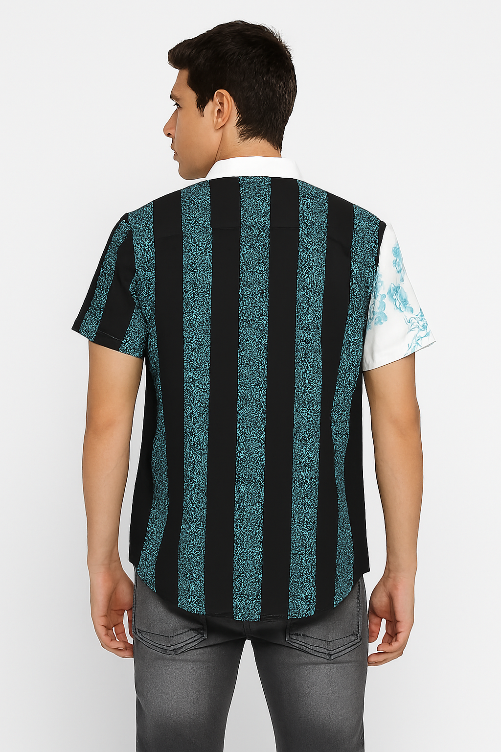 Split Pattern Floral & Paisley Shirt – Turquoise Blossom & Stripe Fusion