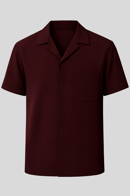 Textured Burgundy Cuban Collar Shirt – Waffle Knit Casual Summer Wear