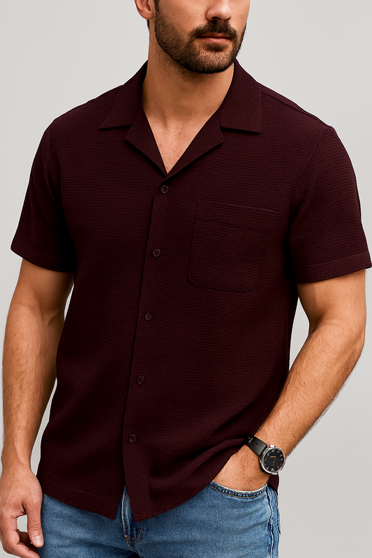 Textured Burgundy Cuban Collar Shirt – Waffle Knit Casual Summer Wear