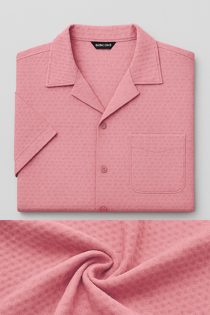 Textured Pink Cuban Collar Shirt – Waffle Knit Short Sleeve Casual Wear