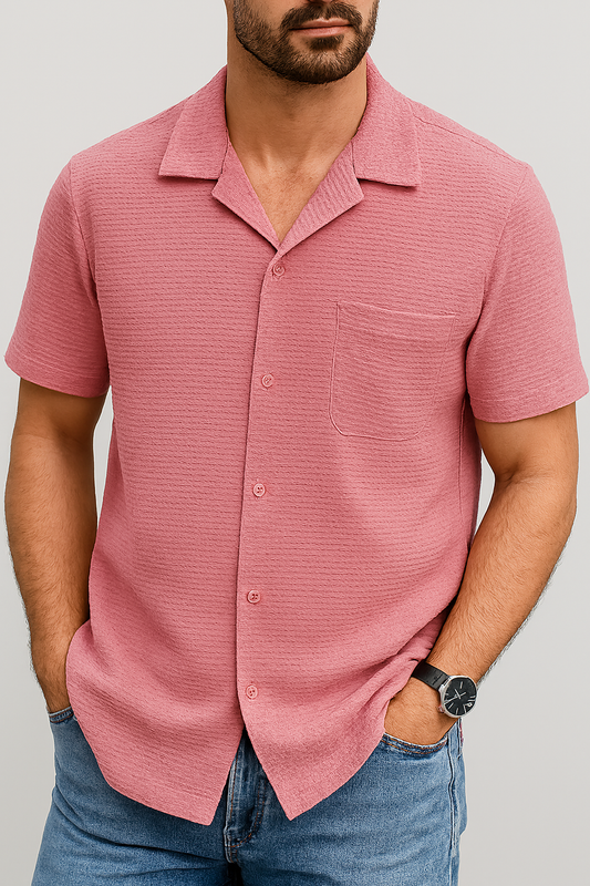 Textured Pink Cuban Collar Shirt – Waffle Knit Short Sleeve Casual Wear