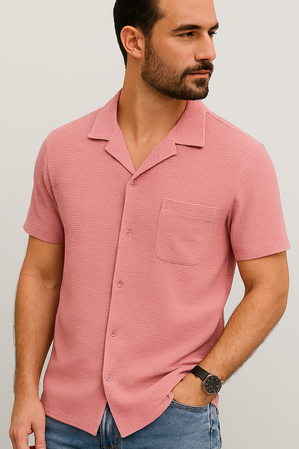Textured Pink Cuban Collar Shirt – Waffle Knit Short Sleeve Casual Wear