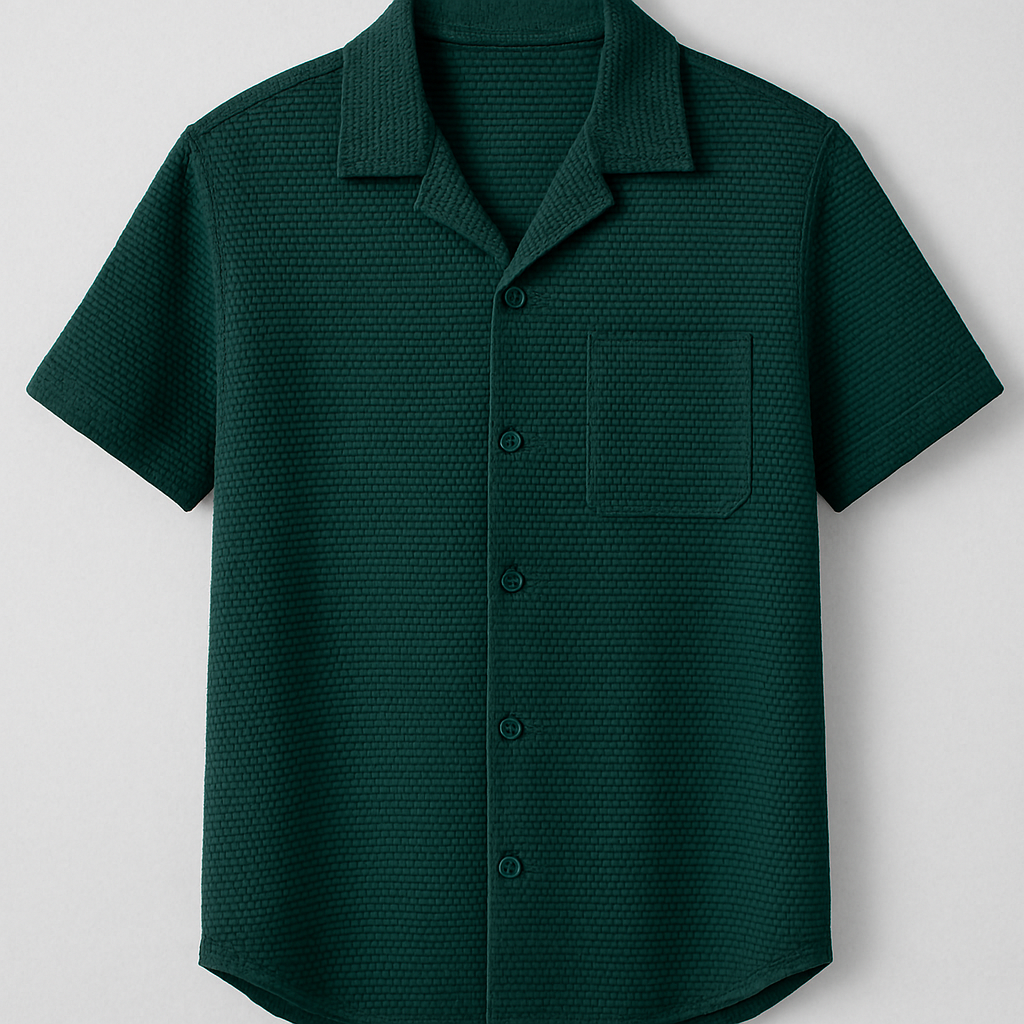 Textured Dark Green Cuban Collar Shirt – Waffle Knit Short Sleeve Casual Shirt