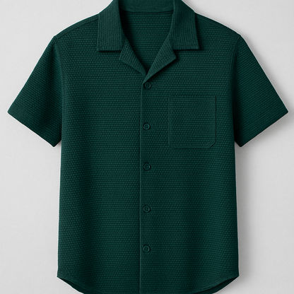 Textured Dark Green Cuban Collar Shirt – Waffle Knit Short Sleeve Casual Shirt