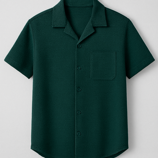 Textured Dark Green Cuban Collar Shirt – Waffle Knit Short Sleeve Casual Shirt