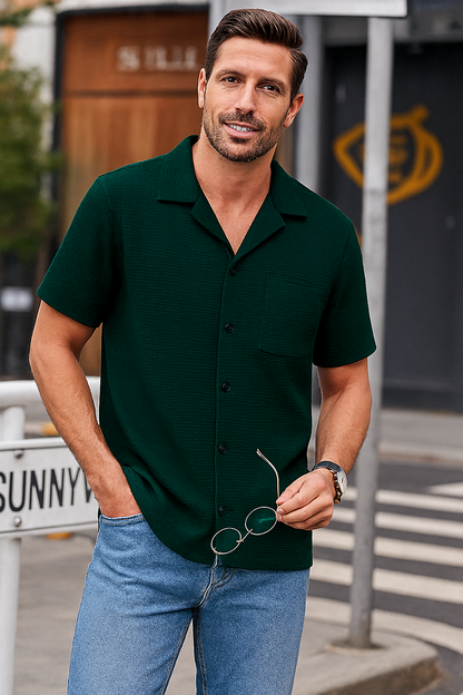 Textured Dark Green Cuban Collar Shirt – Waffle Knit Short Sleeve Casual Shirt