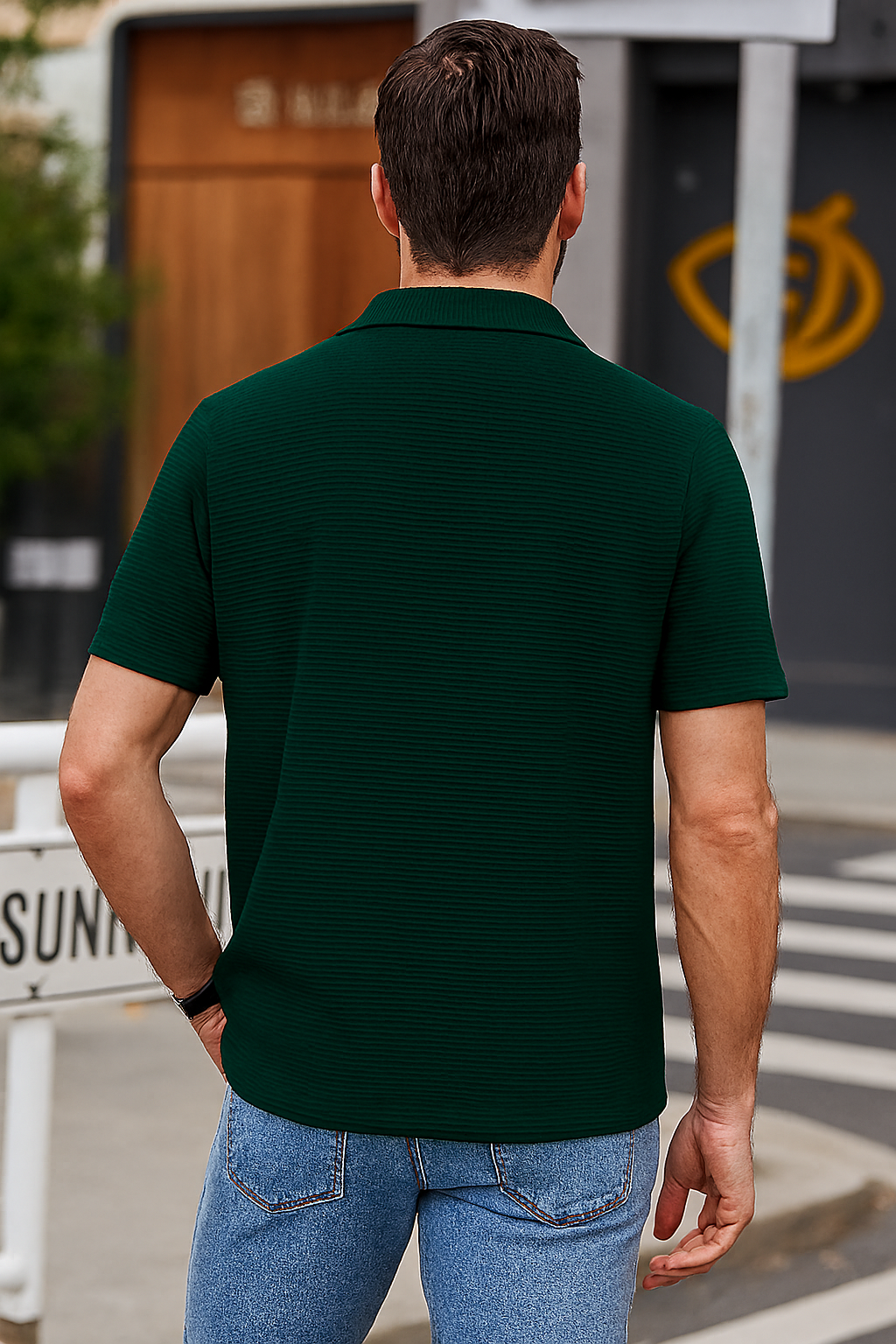 Textured Dark Green Cuban Collar Shirt – Waffle Knit Short Sleeve Casual Shirt