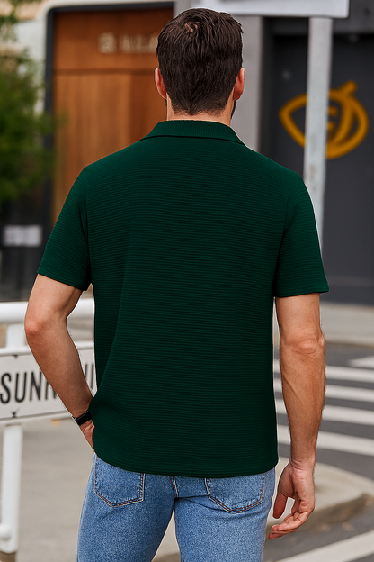 Textured Dark Green Cuban Collar Shirt – Waffle Knit Short Sleeve Casual Shirt