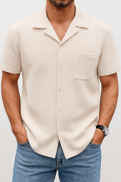 Textured Beige Cuban Collar Shirt – Waffle Knit Short Sleeve Casual Shirt