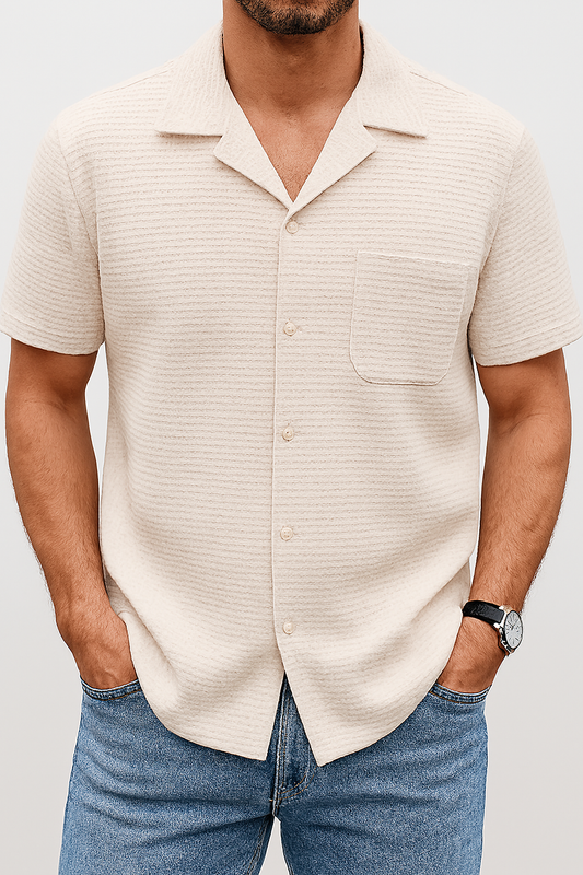 Textured Beige Cuban Collar Shirt – Waffle Knit Short Sleeve Casual Shirt