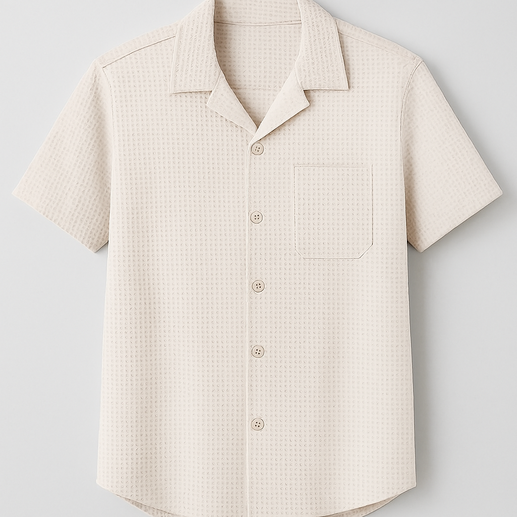 Textured Beige Cuban Collar Shirt – Waffle Knit Short Sleeve Casual Shirt