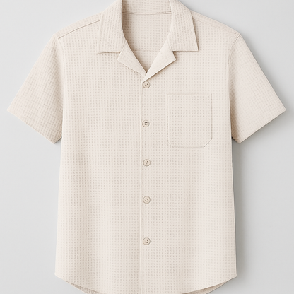 Textured Beige Cuban Collar Shirt – Waffle Knit Short Sleeve Casual Shirt