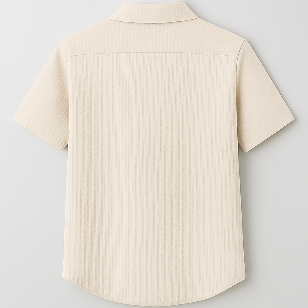 Textured Beige Cuban Collar Shirt – Waffle Knit Short Sleeve Casual Shirt