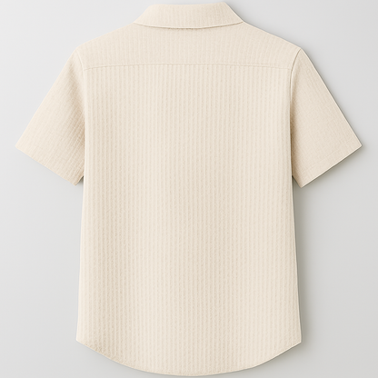 Textured Beige Cuban Collar Shirt – Waffle Knit Short Sleeve Casual Shirt