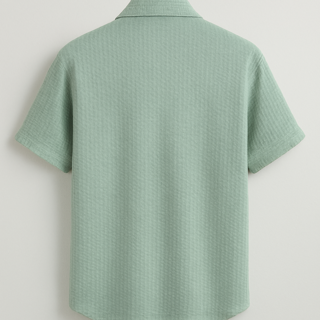 Men’s Sage Green Textured Button-Up Shirt – Casual Summer Waffle Knit Short Sleeve
