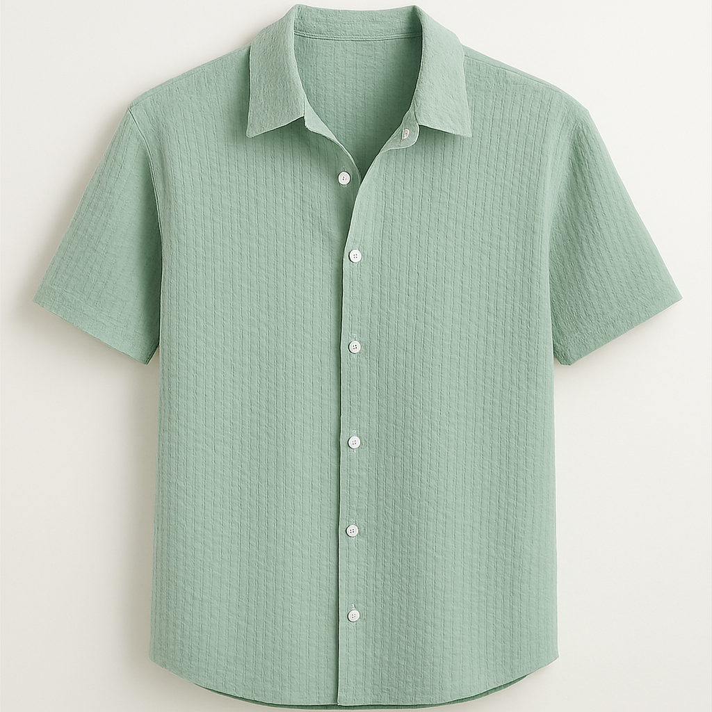 Men’s Sage Green Textured Button-Up Shirt – Casual Summer Waffle Knit Short Sleeve