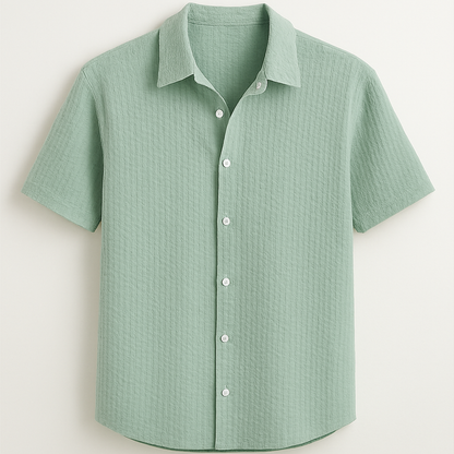 Men’s Sage Green Textured Button-Up Shirt – Casual Summer Waffle Knit Short Sleeve