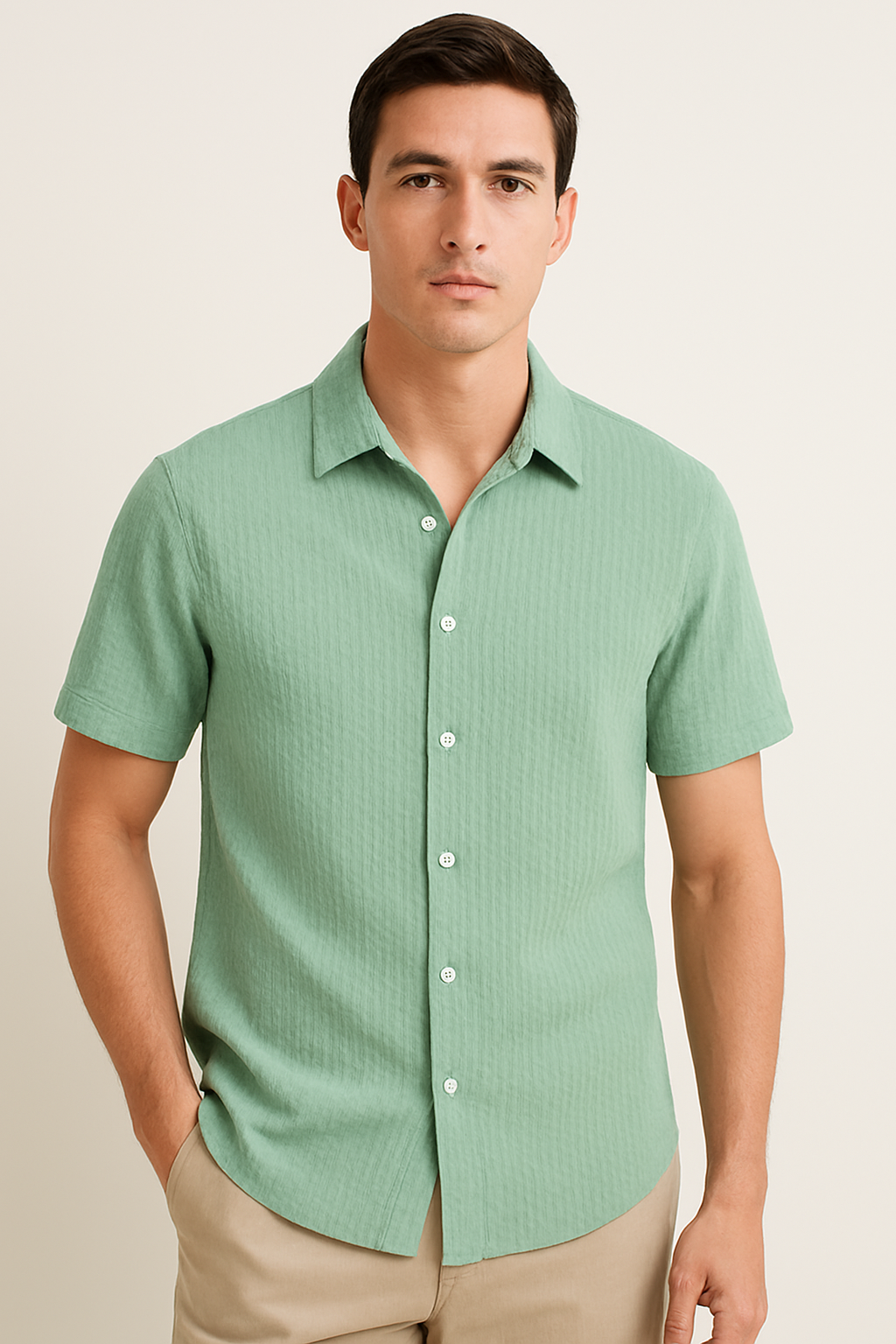 Men’s Sage Green Textured Button-Up Shirt – Casual Summer Waffle Knit Short Sleeve