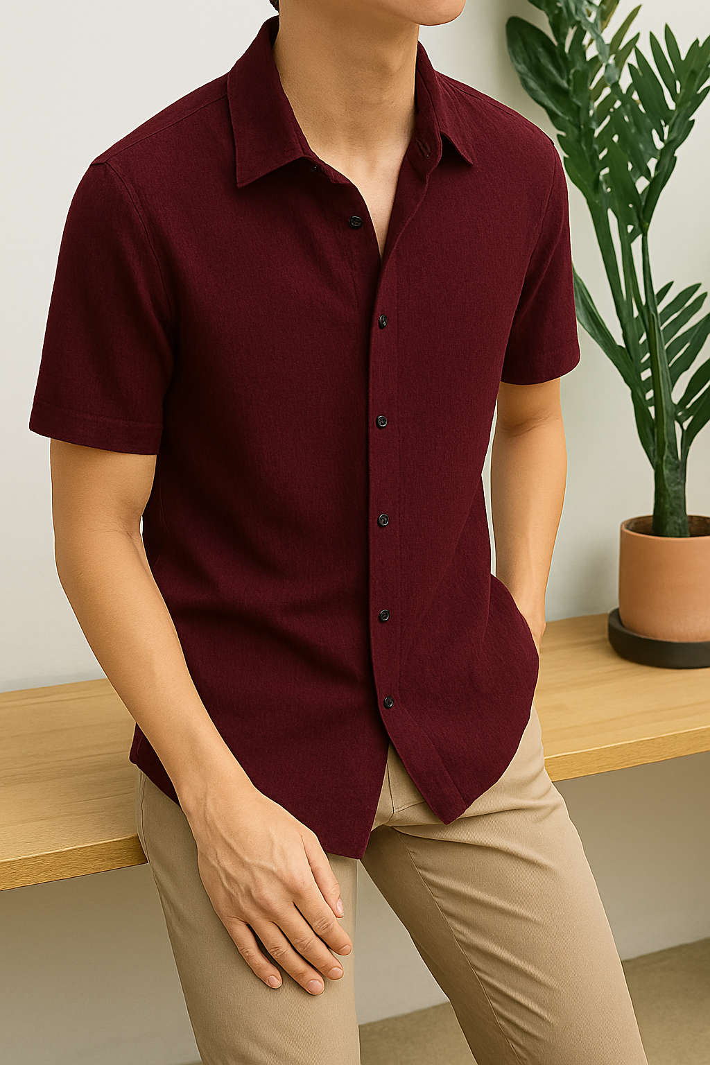 Burgundy Textured Button-Up Shirt – Casual Short Sleeve Waffle Knit for Summer & Everyday Wear