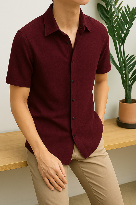Burgundy Textured Button-Up Shirt – Casual Short Sleeve Waffle Knit for Summer & Everyday Wear