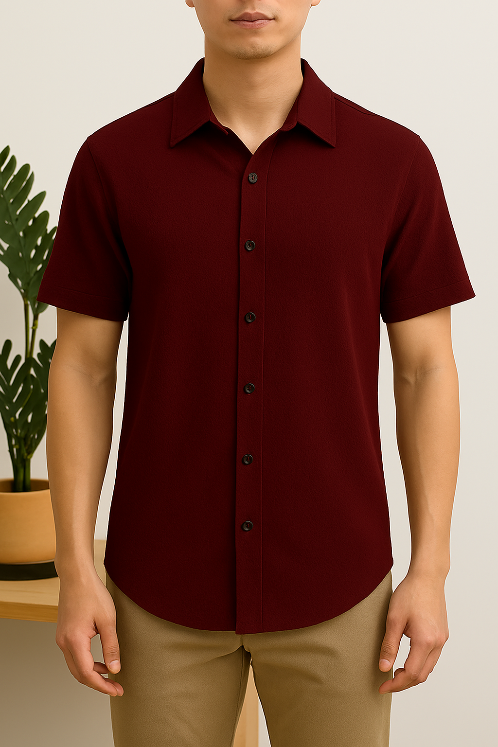 Burgundy Textured Button-Up Shirt – Casual Short Sleeve Waffle Knit for Summer & Everyday Wear