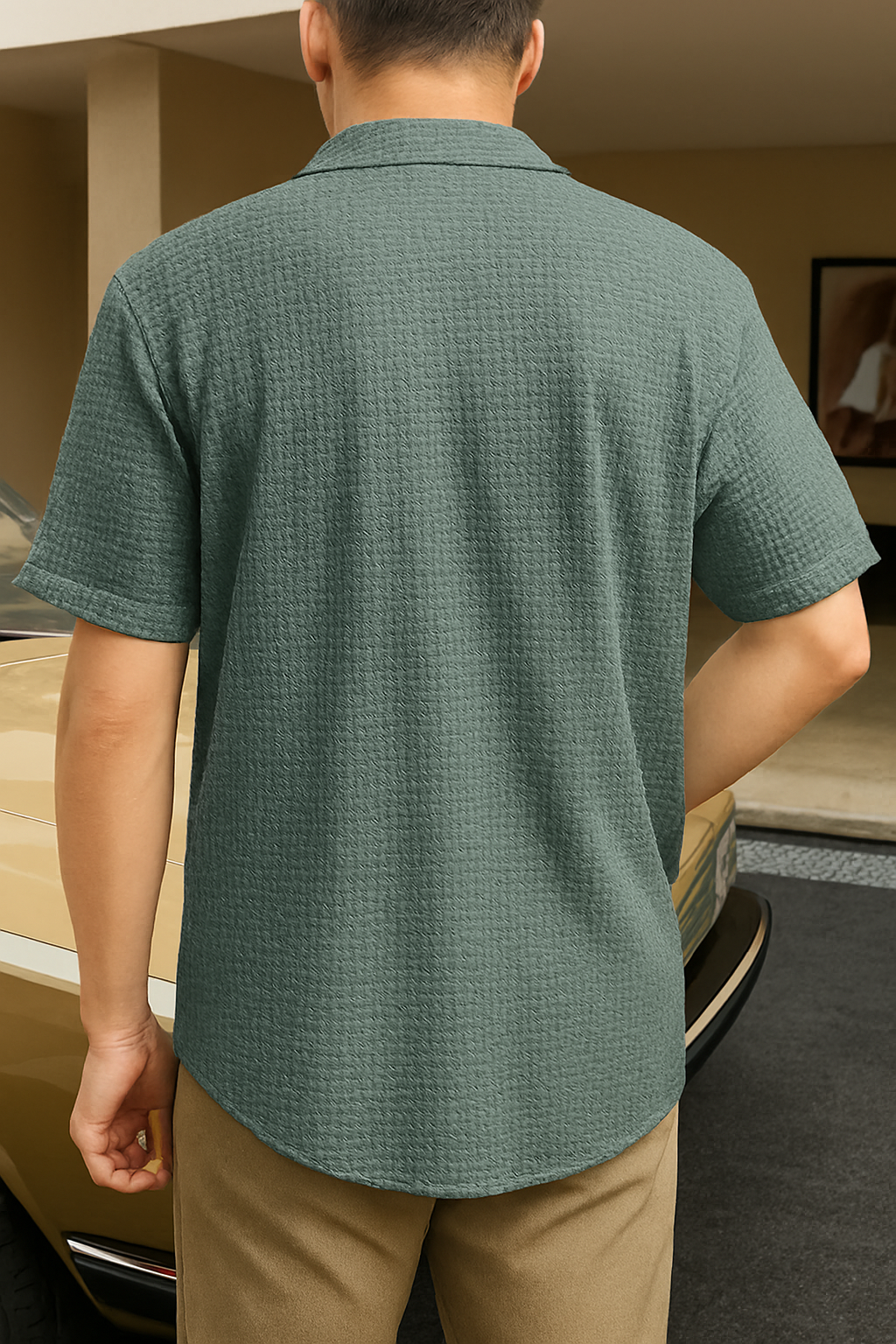 Sage Green Waffle Knit Button-Up Shirt – Casual Short Sleeve Textured Summer Shirt