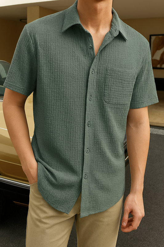Sage Green Waffle Knit Button-Up Shirt – Casual Short Sleeve Textured Summer Shirt