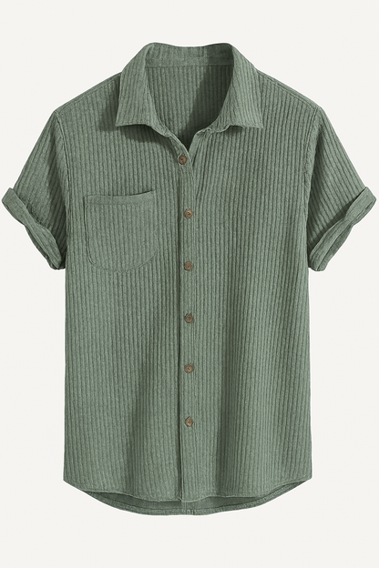 Sage Green Waffle Knit Button-Up Shirt – Casual Short Sleeve Textured Summer Shirt