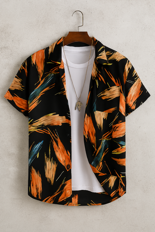 Abstract Brushstroke Shirt – Bold Black with Orange & Teal Accents