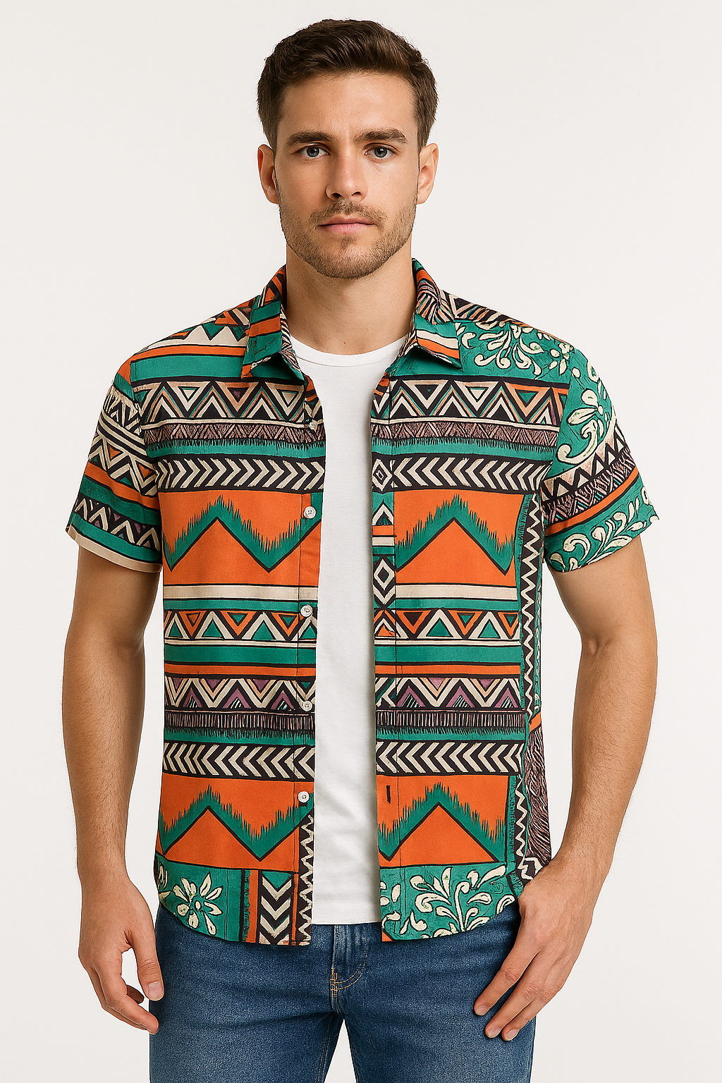 Tribal Fusion Men's Short Sleeve Shirt – Bold Geometric & Floral Print