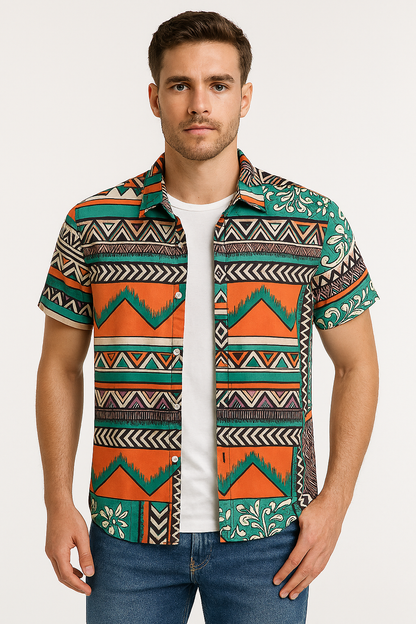 Tribal Fusion Men's Short Sleeve Shirt – Bold Geometric & Floral Print