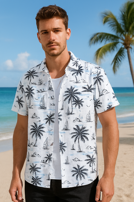 Tropical Paradise Shirt – Palm Tree & Sailboat Print | Casual Beachwear