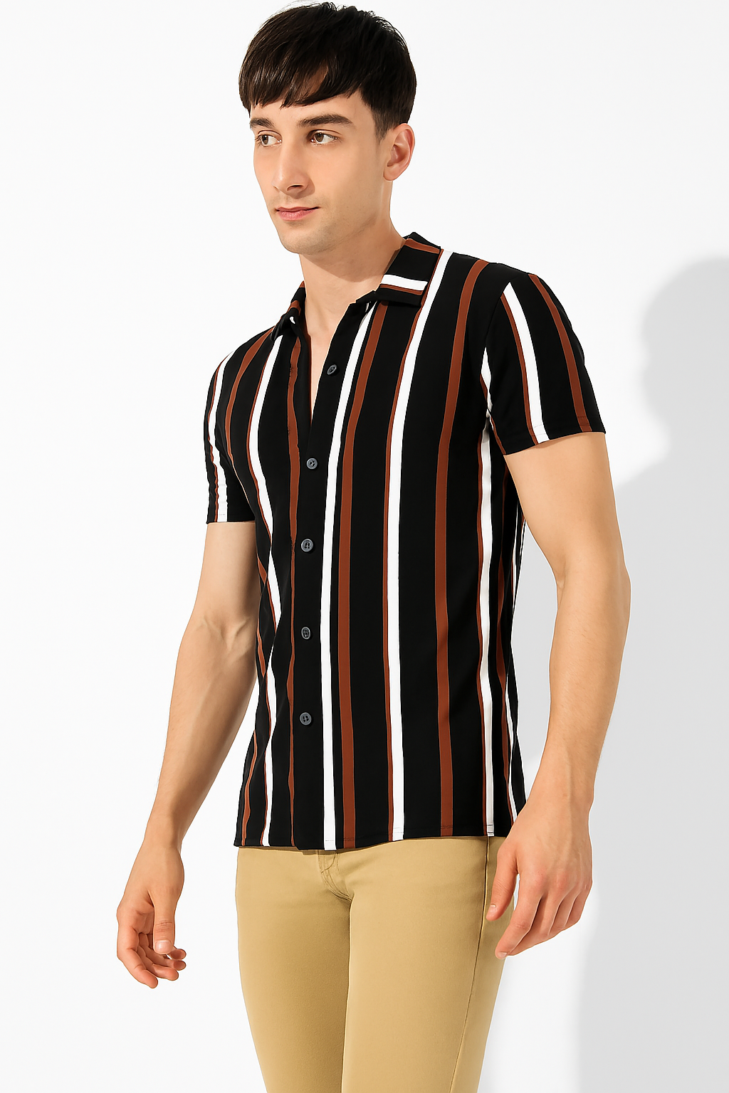 Bold Stripe Cuban Collar Shirt – Black, Brown & White | Casual Luxe Fit