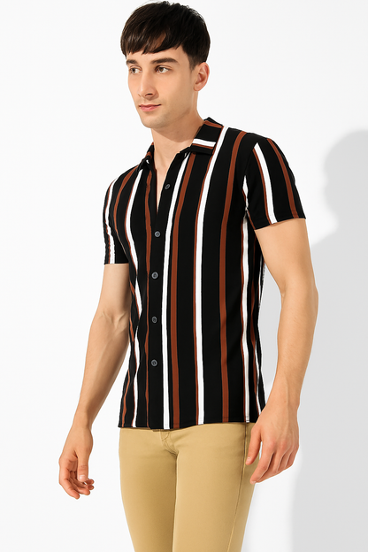 Bold Stripe Cuban Collar Shirt – Black, Brown & White | Casual Luxe Fit