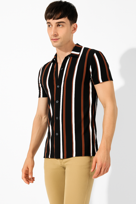 Bold Stripe Cuban Collar Shirt – Black, Brown & White | Casual Luxe Fit