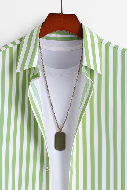Mint Green & White Stripe Shirt – Cuban Collar | Casual Summer Essential