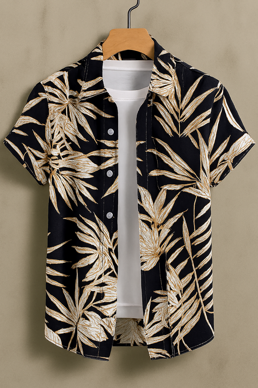 Tropical Leaf Print Shirt – Navy Blue Vacation Vibes with Layered Tee