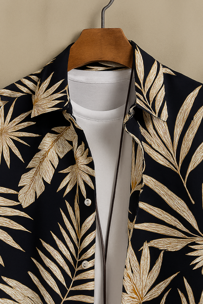 Tropical Leaf Print Shirt – Navy Blue Vacation Vibes with Layered Tee