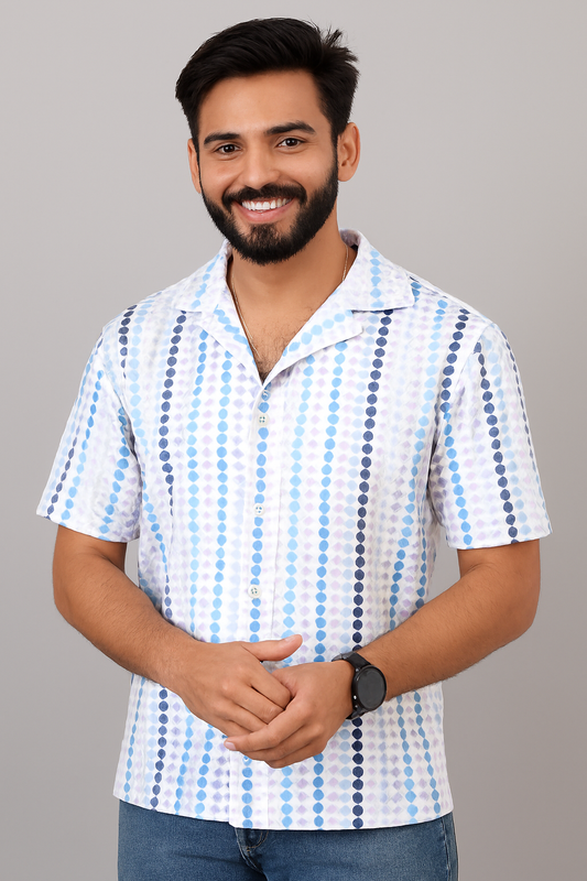 Printed Cotton Shirt – White Base with Blue Geometric Pattern | Casual Summer Style