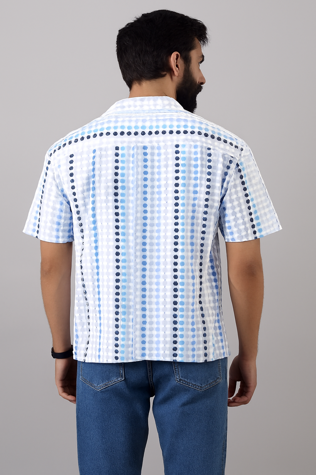 Printed Cotton Shirt – White Base with Blue Geometric Pattern | Casual Summer Style